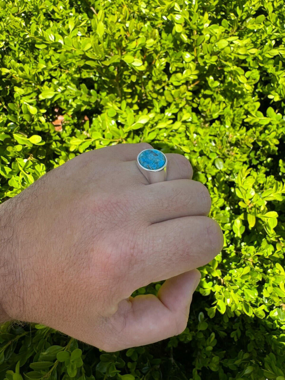 HarlemBling Natural Blue Turquoise Round Gemstone Mens Real Solid 925 Silver Plain Ring