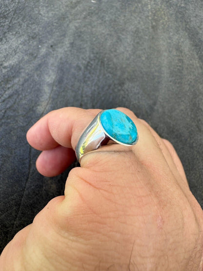 HarlemBling Natural Blue Turquoise Round Gemstone Mens Real Solid 925 Silver Plain Ring