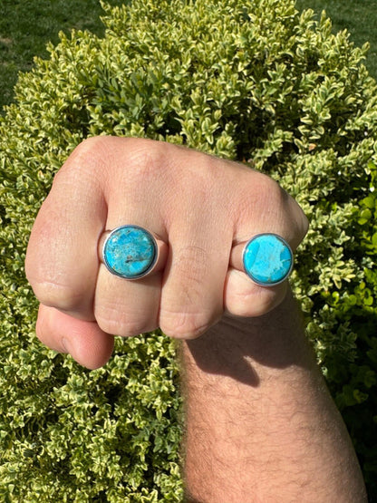 HarlemBling Natural Blue Turquoise Round Gemstone Mens Real Solid 925 Silver Plain Ring