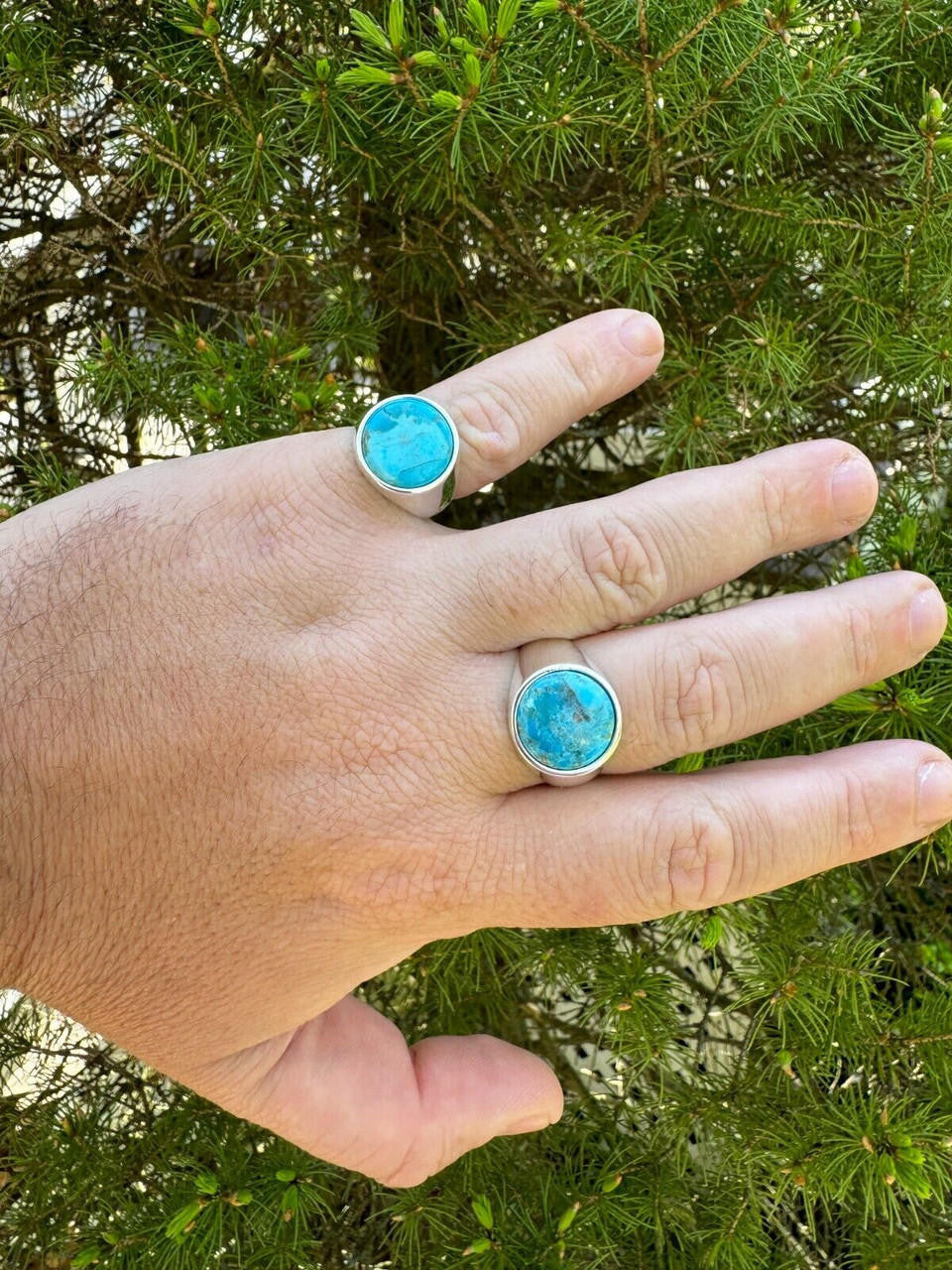 HarlemBling Natural Blue Turquoise Round Gemstone Mens Real Solid 925 Silver Plain Ring