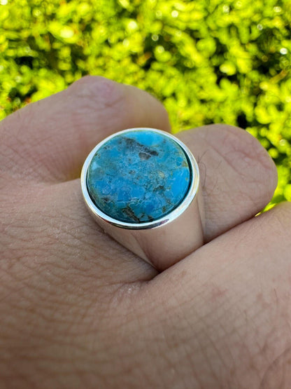 HarlemBling Natural Blue Turquoise Round Gemstone Mens Real Solid 925 Silver Plain Ring