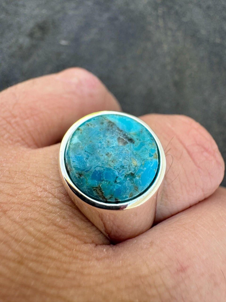 HarlemBling Natural Blue Turquoise Round Gemstone Mens Real Solid 925 Silver Plain Ring