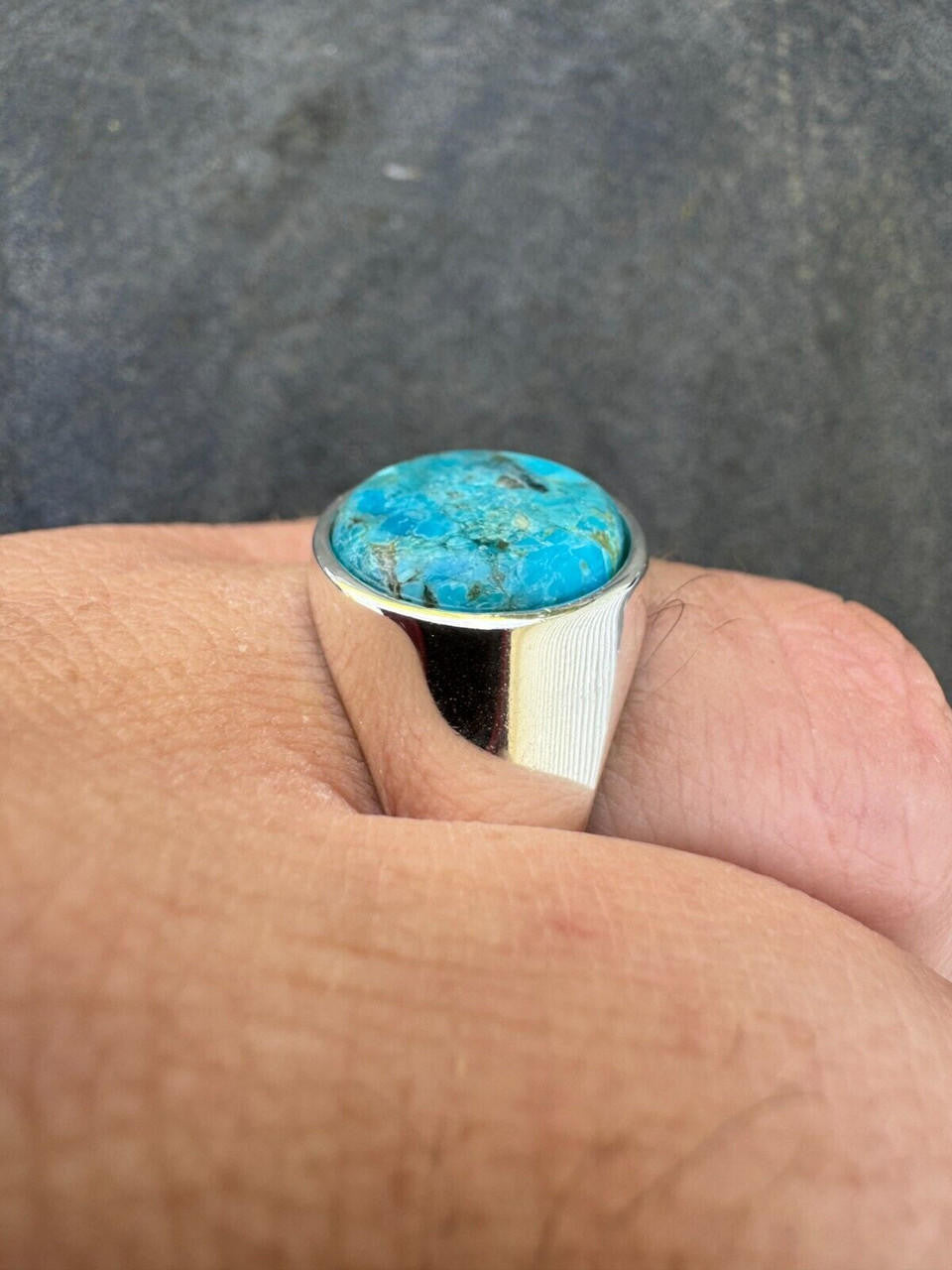 HarlemBling Natural Blue Turquoise Round Gemstone Mens Real Solid 925 Silver Plain Ring