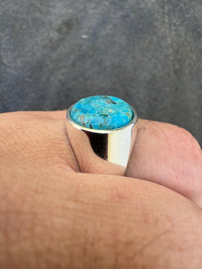 HarlemBling Natural Blue Turquoise Round Gemstone Mens Real Solid 925 Silver Plain Ring