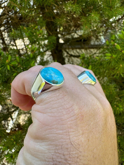 HarlemBling Natural Blue Turquoise Round Gemstone Mens Real Solid 925 Silver Plain Ring