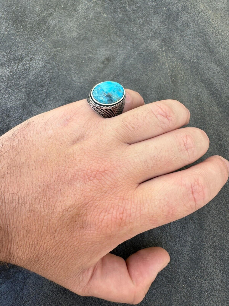 HarlemBling Natural Turquoise Mens Real Solid 925 Silver Handmade Oval Native American Ring