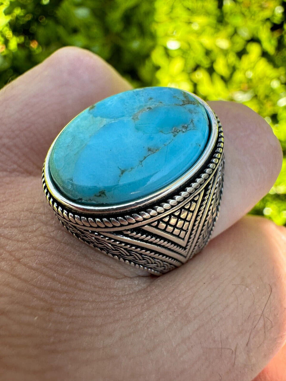 HarlemBling Natural Turquoise Mens Real Solid 925 Silver Handmade Oval Native American Ring