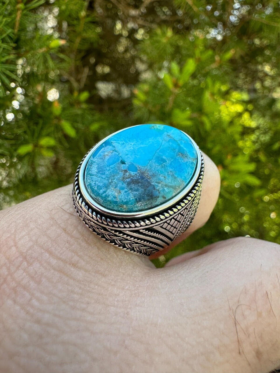 HarlemBling Natural Turquoise Mens Real Solid 925 Silver Handmade Oval Native American Ring