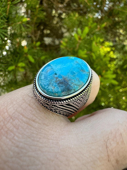 HarlemBling Natural Turquoise Mens Real Solid 925 Silver Handmade Oval Native American Ring