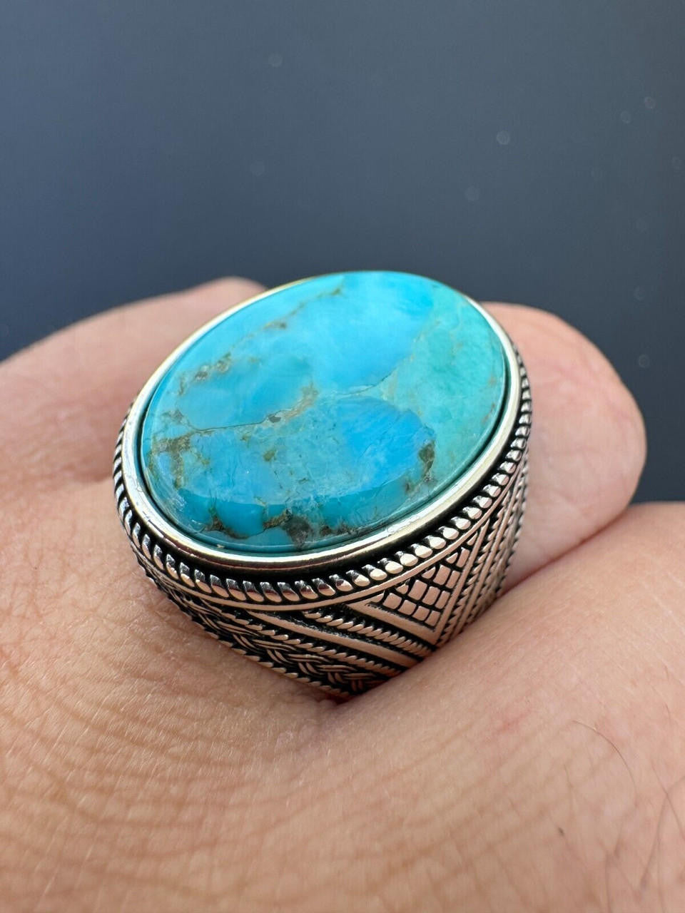HarlemBling Natural Turquoise Mens Real Solid 925 Silver Handmade Oval Native American Ring