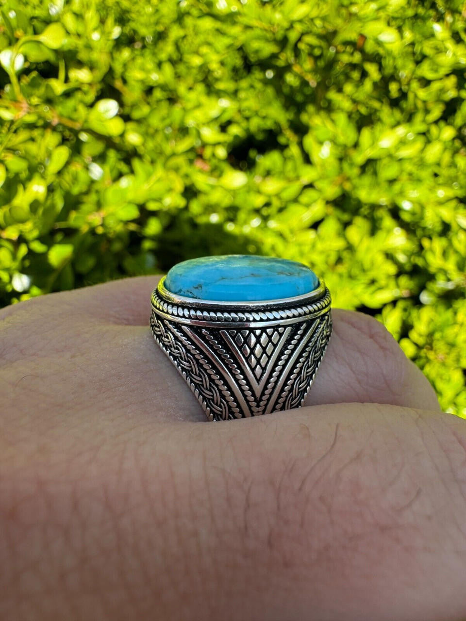 HarlemBling Natural Turquoise Mens Real Solid 925 Silver Handmade Oval Native American Ring