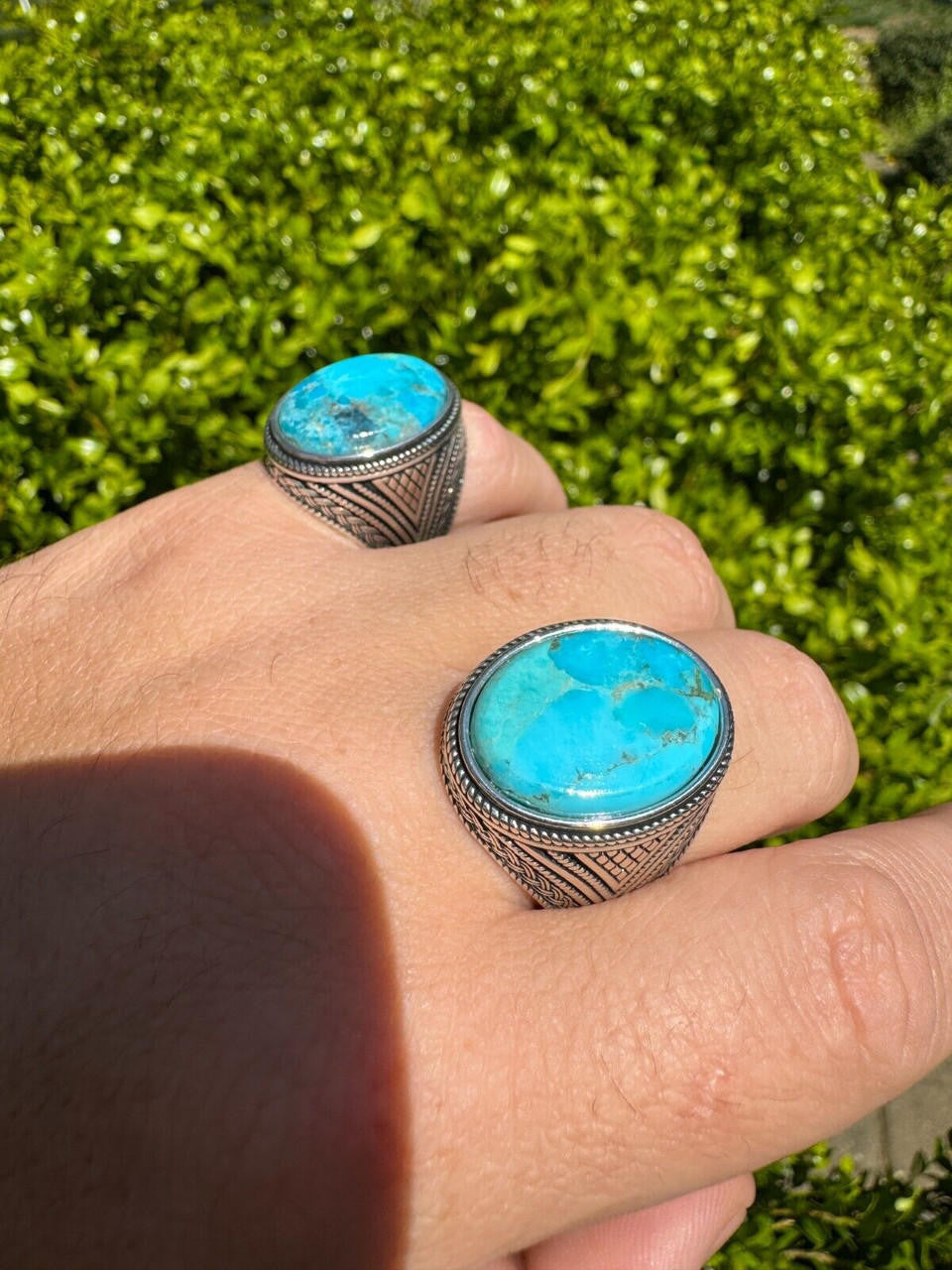 HarlemBling Natural Turquoise Mens Real Solid 925 Silver Handmade Oval Native American Ring