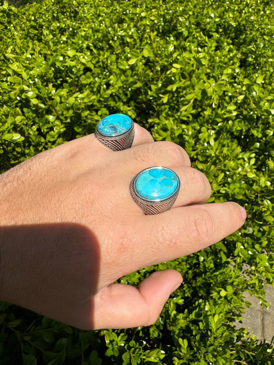 HarlemBling Natural Turquoise Mens Real Solid 925 Silver Handmade Oval Native American Ring