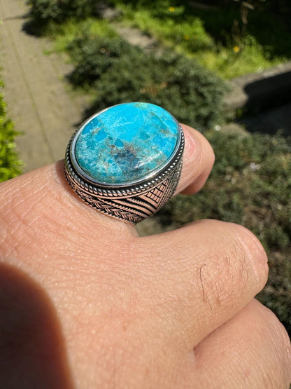 HarlemBling Natural Turquoise Mens Real Solid 925 Silver Handmade Oval Native American Ring