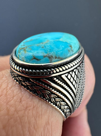 HarlemBling Natural Turquoise Mens Real Solid 925 Silver Handmade Oval Native American Ring