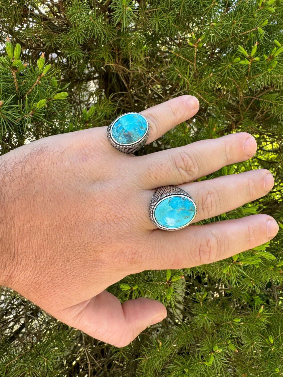 HarlemBling Natural Turquoise Mens Real Solid 925 Silver Handmade Oval Native American Ring
