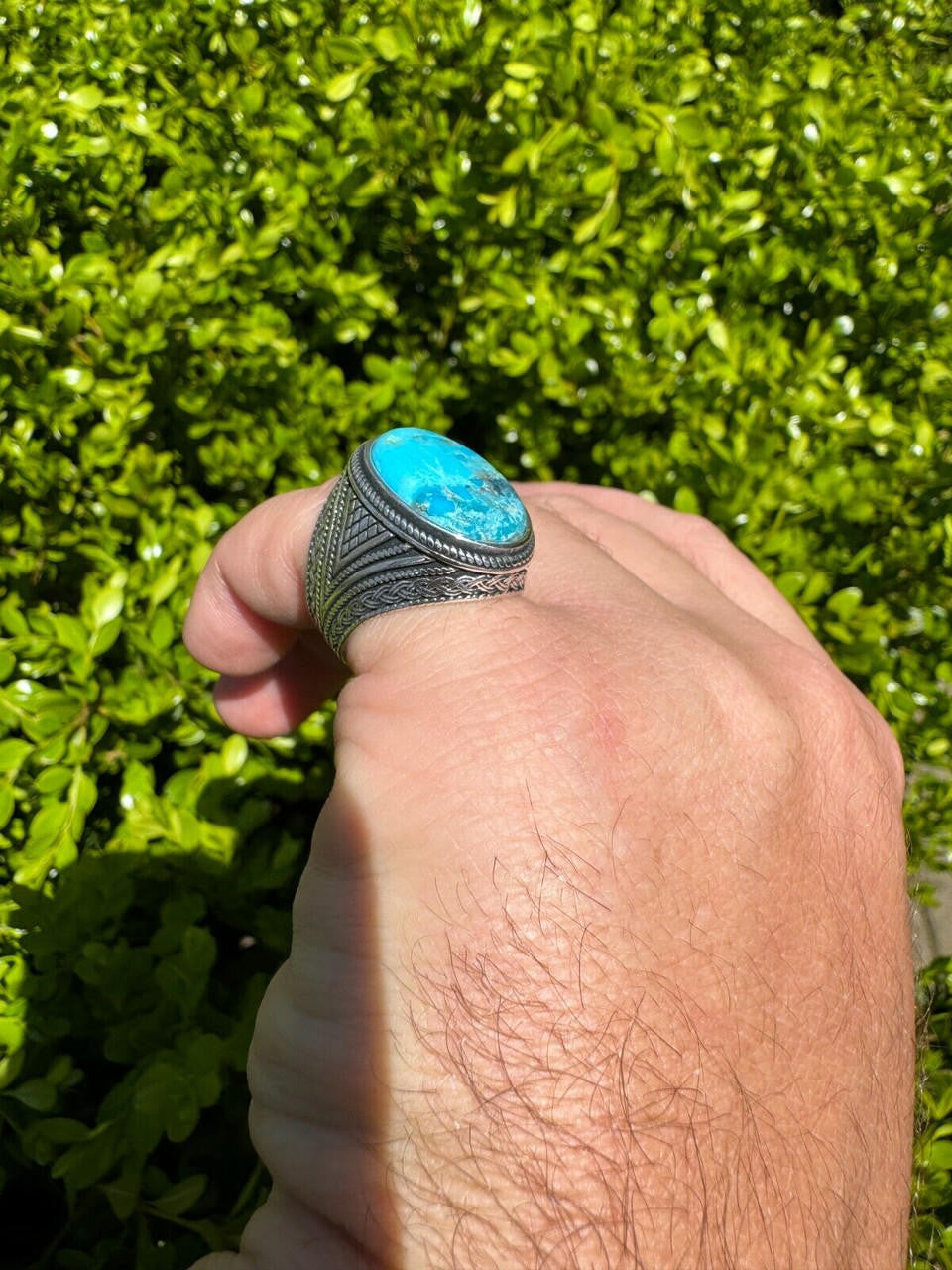 HarlemBling Natural Turquoise Mens Real Solid 925 Silver Handmade Oval Native American Ring
