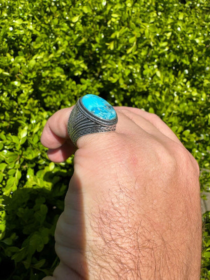 HarlemBling Natural Turquoise Mens Real Solid 925 Silver Handmade Oval Native American Ring