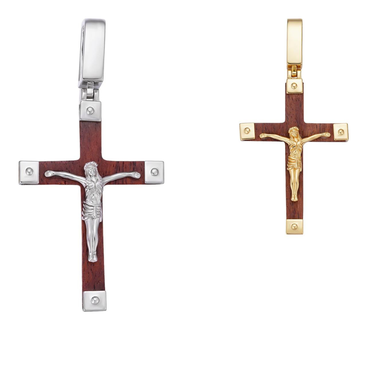 HarlemBling Natural Wood Plain Jesus Cross Pendant - 14k Gold Vermeil Or 925 Silver - Small 1.5"
