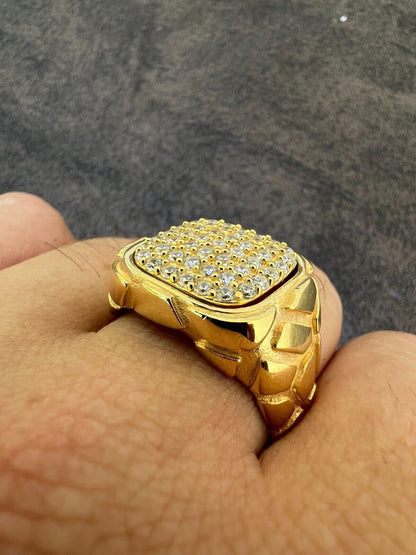 HarlemBling Nugget Ring Mens Real Solid 14K Gold Plated 925 Silver Iced CZ Pinky Hip Hop