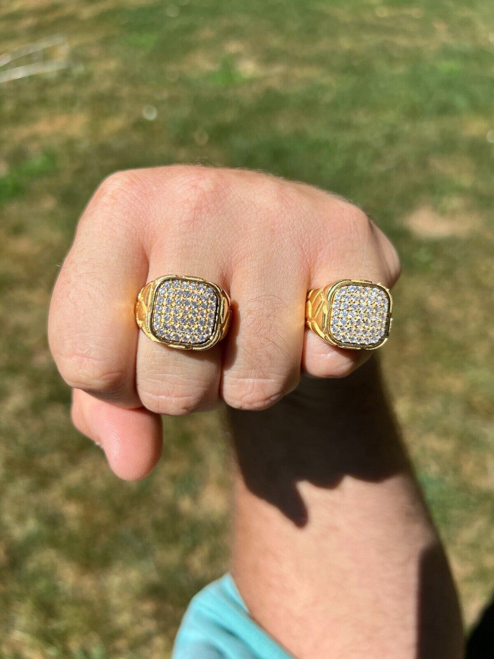 HarlemBling Nugget Ring Mens Real Solid 14K Gold Plated 925 Silver Iced CZ Pinky Hip Hop