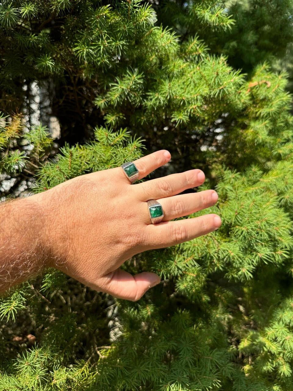 HarlemBling NYC Natural Green Eye Ring - 925 Silver Oxidized - Genuine Green Emerald Stone