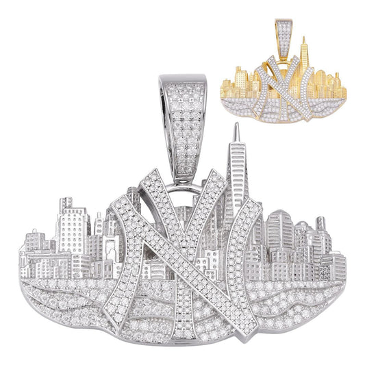 HarlemBling NYC Skyline Hip Hop Pendant - 14k Gold Vermeil Or 925 Silver - CZ Stones - Large 2.5"