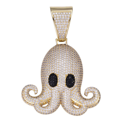 HarlemBling Octopus Emoji Pendant - 14k Gold Vermeil 925 Silver - CZ Stones - Large 2.25"