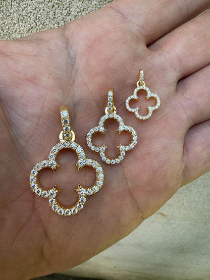 HarlemBling Open Clover Flower Pendant MOISSANITE 14k Gold Over 925 Silver Necklace - 3 Size