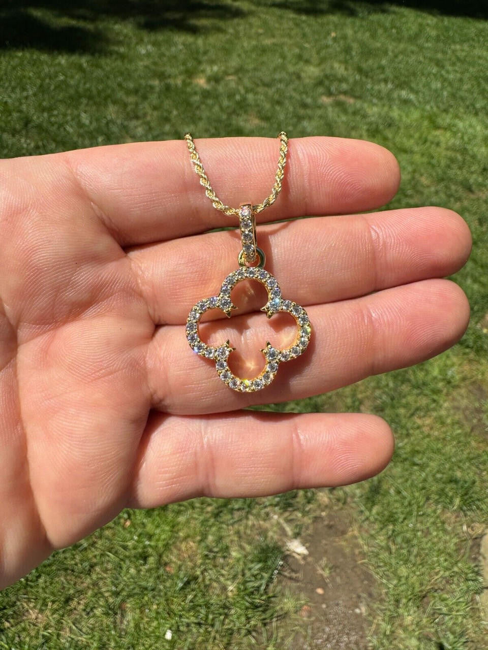 HarlemBling Open Clover Flower Pendant MOISSANITE 14k Gold Over 925 Silver Necklace - 3 Size