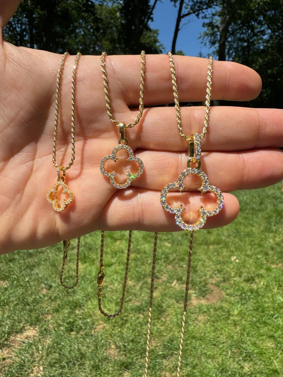 HarlemBling Open Clover Flower Pendant MOISSANITE 14k Gold Over 925 Silver Necklace - 3 Size