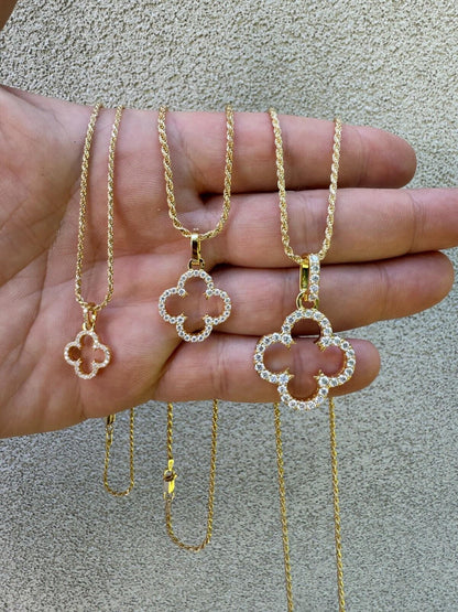HarlemBling Open Clover Flower Pendant MOISSANITE 14k Gold Over 925 Silver Necklace - 3 Size