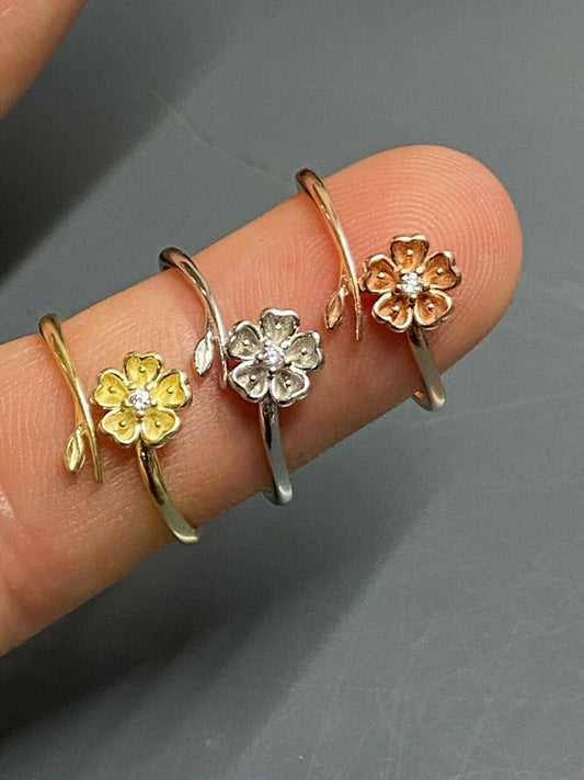HarlemBling Open Flower Rose Ring Diamond 925 Sterling Silver Or Yellow Rose Gold Finish