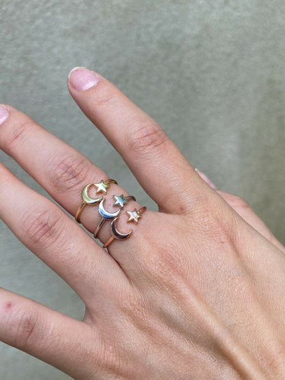 HarlemBling Open Star and Crescent Moon Ring 925 Sterling Silver Or Yellow Rose Gold Finish