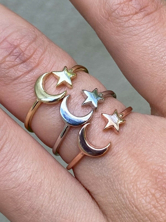 HarlemBling Open Star and Crescent Moon Ring 925 Sterling Silver Or Yellow Rose Gold Finish