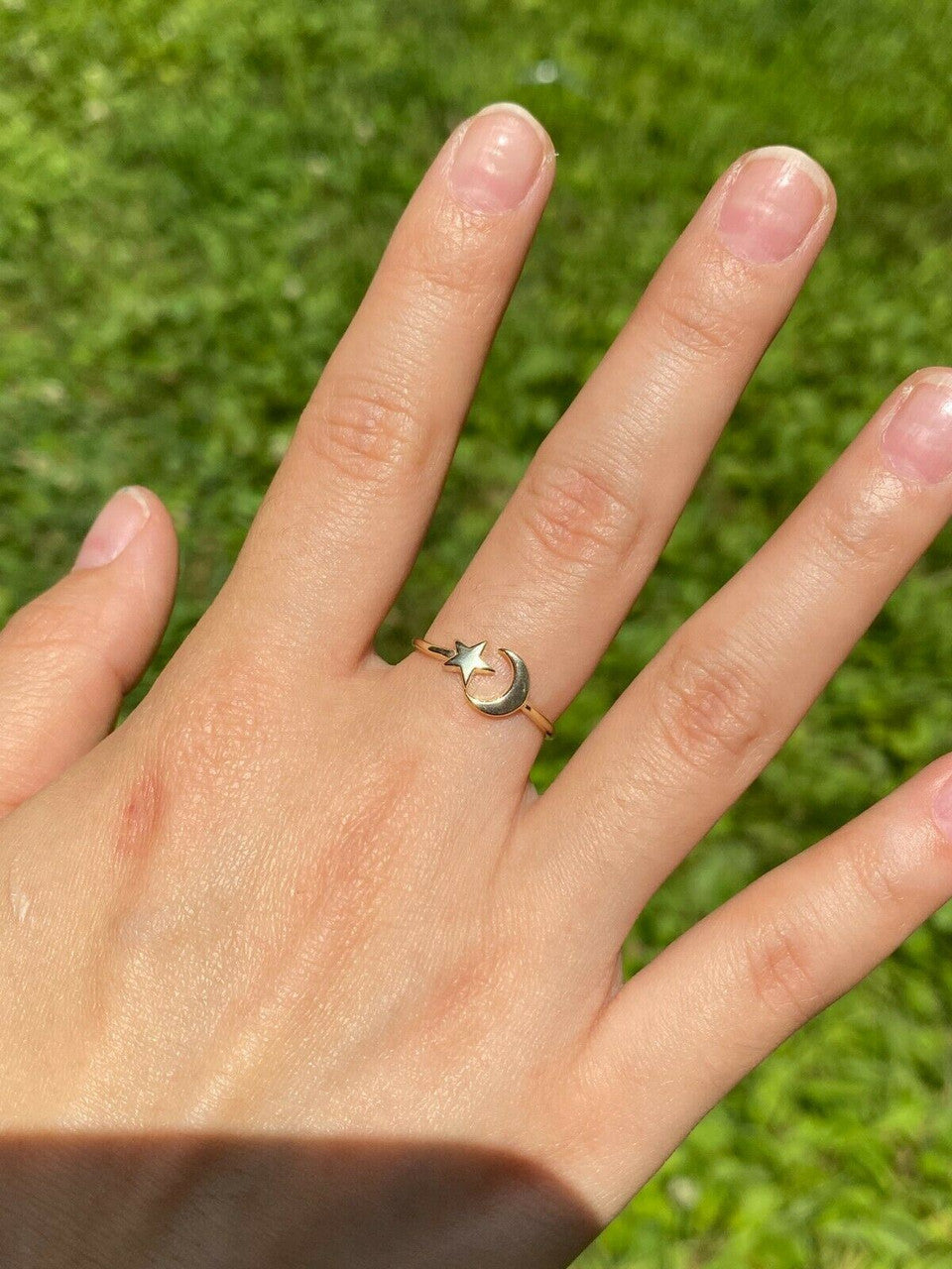 Open Star & Crescent Moon Ring 925 Sterling Silver Or Yellow Rose