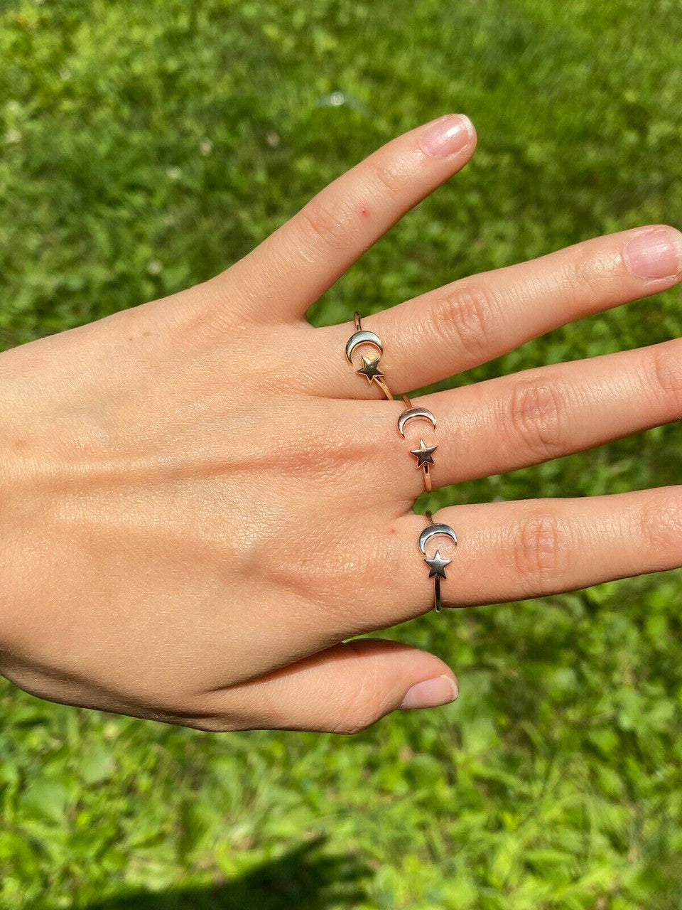 Open Star & Crescent Moon Ring 925 Sterling Silver Or Yellow Rose