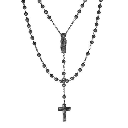 HarlemBling Our Divine Mother Of Jesus Rosary Beads Necklace Iced Out Black CZ Stones - Black Rhodium Over 925 Silver - 6mm - 30"