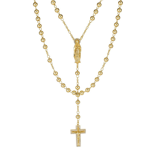 HarlemBling Our Divine Mother Of Jesus Rosary Beads Necklace Iced Out CZ Stones - 14k Gold Vermeil 925 Silver - 6mm - 30"