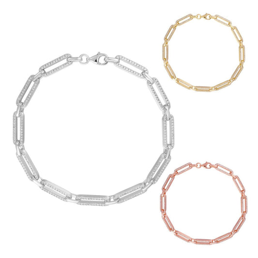 HarlemBling Paperclip Bracelet Iced Out CZ Stones - 14k Yellow Or Rose Gold Vermeil Or 925 Silver - 5mm - 6"-8.5"