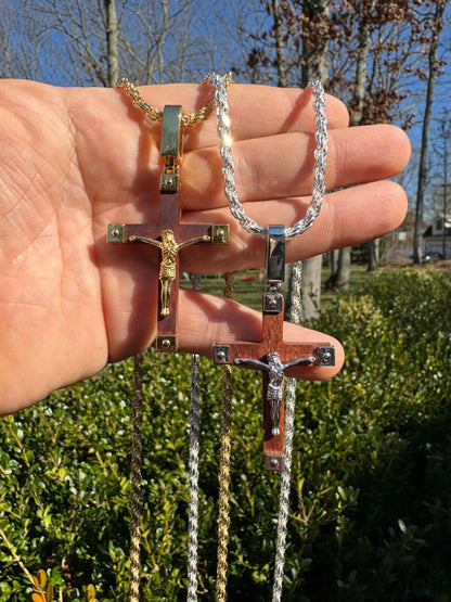 HarlemBling Plain Real 925 Silver & Natural Wood Jesus Cross Pendant Necklace ITALY Handmade