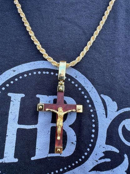 HarlemBling Plain Real 925 Silver & Natural Wood Jesus Cross Pendant Necklace ITALY Handmade