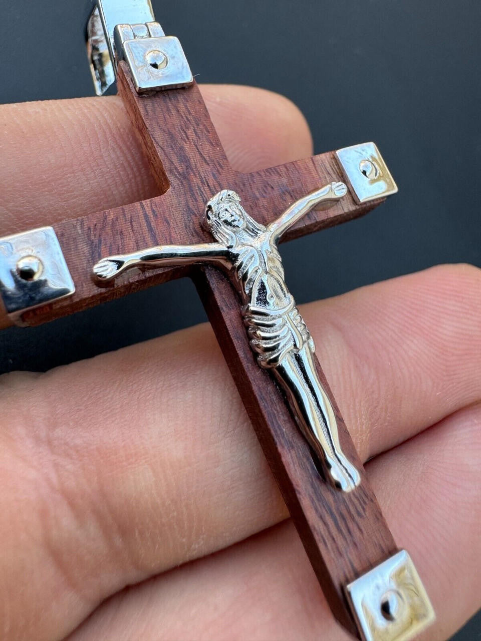 HarlemBling Plain Real 925 Silver & Natural Wood Jesus Cross Pendant Necklace ITALY Handmade