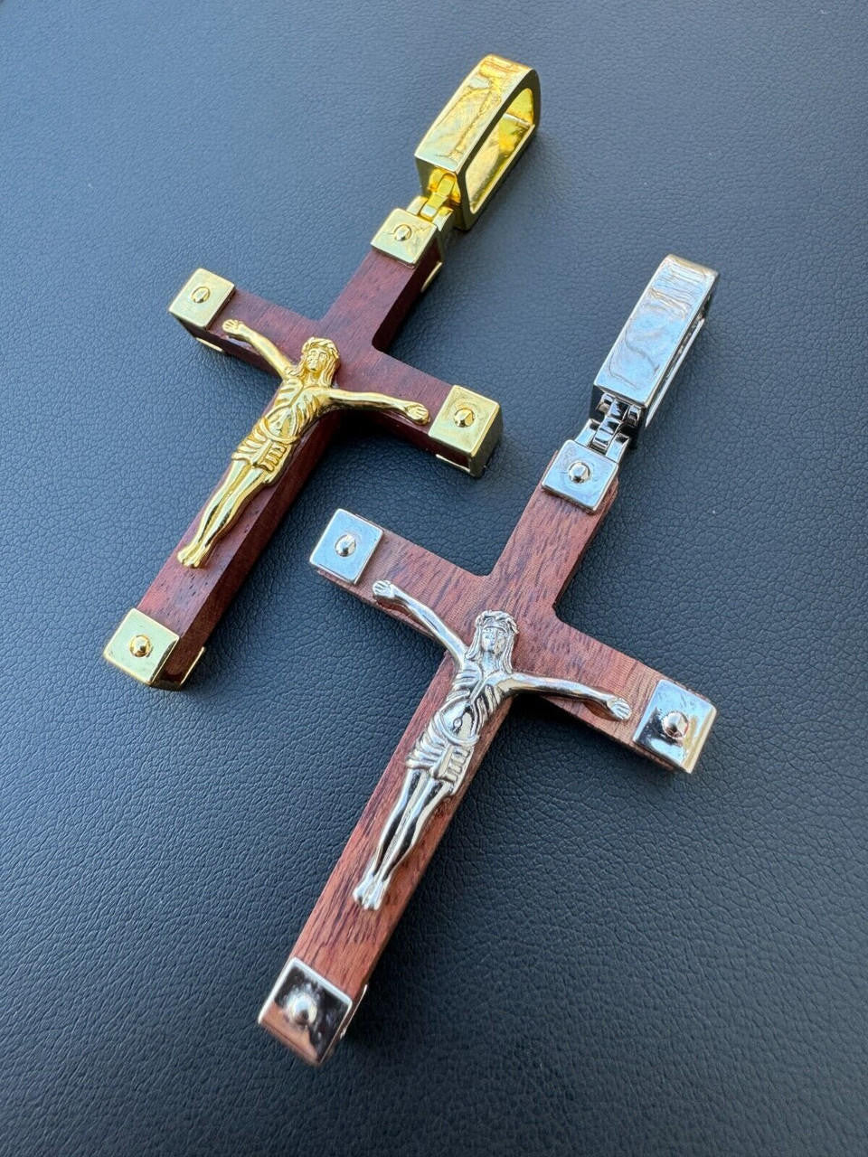 HarlemBling Plain Real 925 Silver & Natural Wood Jesus Cross Pendant Necklace ITALY Handmade