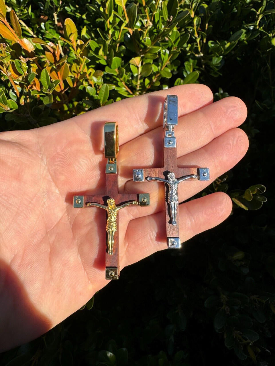 HarlemBling Plain Real 925 Silver & Natural Wood Jesus Cross Pendant Necklace ITALY Handmade