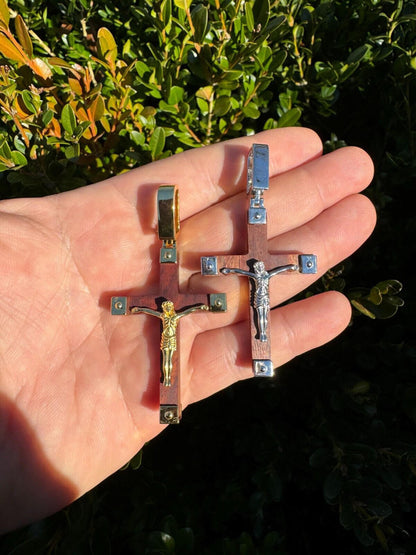 HarlemBling Plain Real 925 Silver & Natural Wood Jesus Cross Pendant Necklace ITALY Handmade