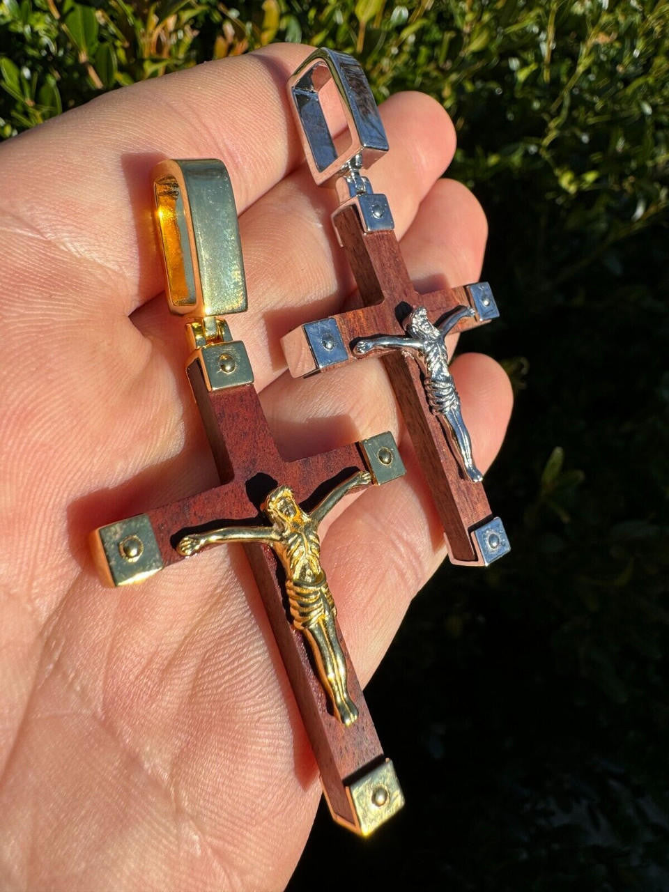 HarlemBling Plain Real 925 Silver & Natural Wood Jesus Cross Pendant Necklace ITALY Handmade