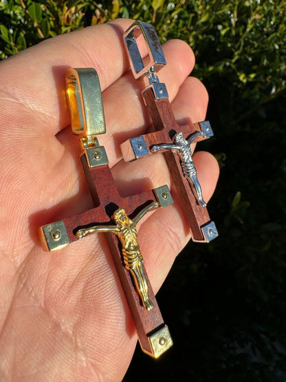 HarlemBling Plain Real 925 Silver & Natural Wood Jesus Cross Pendant Necklace ITALY Handmade