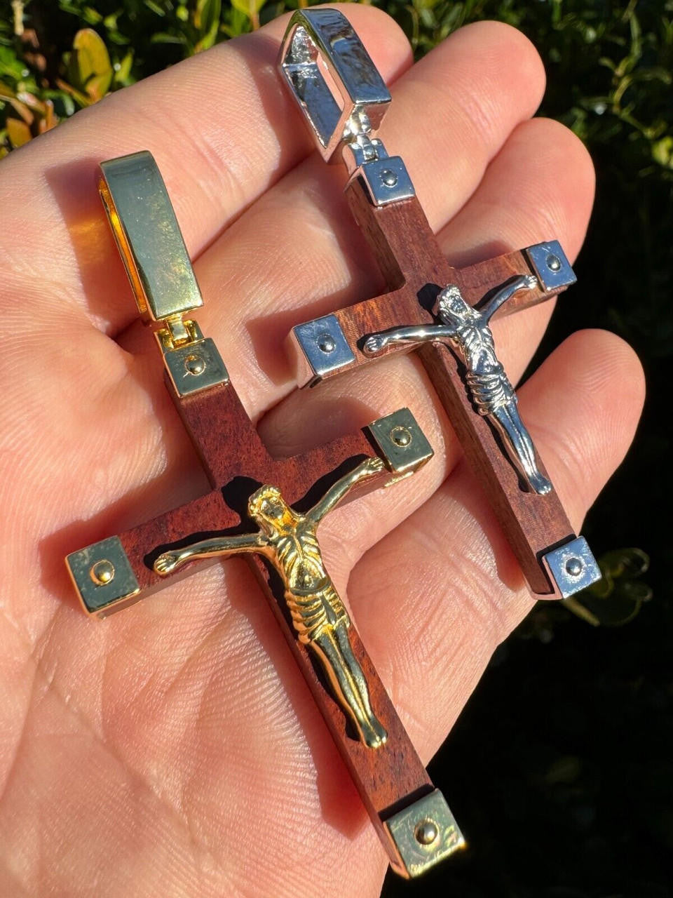 HarlemBling Plain Real 925 Silver & Natural Wood Jesus Cross Pendant Necklace ITALY Handmade