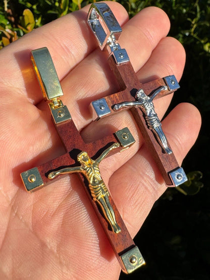 HarlemBling Plain Real 925 Silver & Natural Wood Jesus Cross Pendant Necklace ITALY Handmade